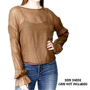 Amanda Uprichard Silk Blouse. Harvest Brown Metallic Gold. Semi Sheer.